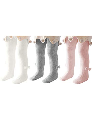 Century Star Baby Girls Tights Toddler Cable Knit Leggings Infant Knit Seamless Newborn Pants Stockings with Lovely Bowknot 3 Pack White Pink Grey 0-6 Months