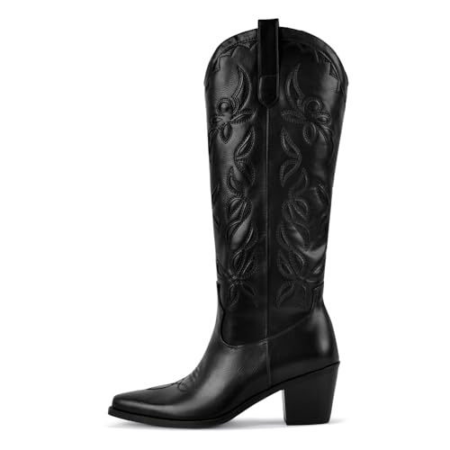 richealnini Embroidered Cowboy Boots Women Black Western Cowgirl Boots Pointed Toe Stacked Heels2