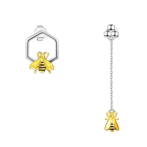 Abejas pendientes irregulares plata de ley 925 de mujer aretes asimétricos antialérgicos bañado en oro 18k regalo cumpleaños colgantes largos panal