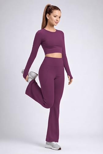 Image of PINAAK FASHION Women's Yoga Co-Ord Set | Full Sleeve Crop Top & Flared High Waist Yoga Pants with Pocket | Thumb Hole Sleeves | Bell Bottom Gym Wear Activewear Tracksuit for Workout, Running & Lounge