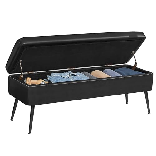 VASAGLE EKHOコレクション - 収納オットマンベンチ 玄関寝室ベンチ 15ガロン 合成皮革 ステッチ付き ミッドセンチュリーモダン 安全ヒンジ 荷重660ポンド インクブラック ULOM074B01