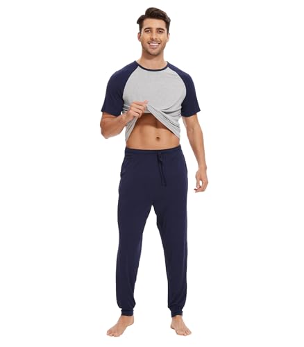 WiWi Mens Pajama Set Short Sleeve Tee Jogger Pants with Pockets Sleepwear Raglan Nightwear Soft Pjs Sets S-XXL3