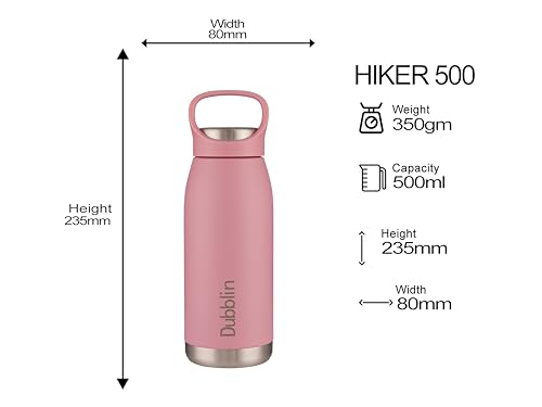 Image of Dublin Hiker 500 ML Stainless Steel Water Bottle, Vacuum Insulated Sports Bottle with Flip Lid, Leakproof Travel Flask (Pink)
