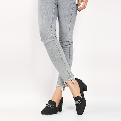 Image of Women Square Toe Pumps Loafers with Metal Buckle Low Heel Shoes Chunky Block Heel Pumps Daily Casual Heels Black Suede Leather US Size 7.5