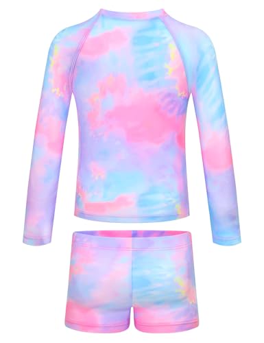 Image of TENVDA Girls Swimsuit Size 7-8 Years Old Purple Tie Dye UPF 50+ Long Sleeve Rash Guard Summer Beach Bathing Suit Swimwear