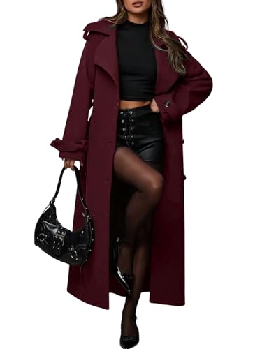 chouyatou Womens Winter Double Breasted Midi Long Wool Coat Business Casual Notch Lapel Winter Trench Coat with Belt (Small Burgundy)