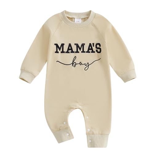 Image of FOCUSNORM Newborn Baby Boy Fall Outfit Mamas Boy Embroidery Jumpsuit Long Sleeve Crewneck Romper Infant Boy Winter Clothes