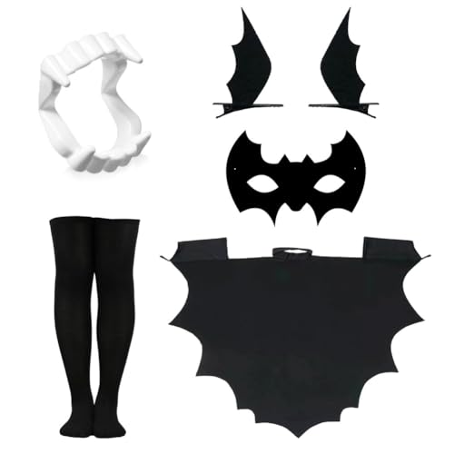 OPVXZAD Disfraz Murciélago Niños, Disfraz Halloween, Máscara de Bat, Dientes de Vampiro, medias negras por encima de la rodilla, Adecuado para Cosplay Halloween Carnaval (A L)