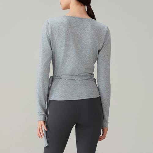Geagodelia Camiseta de manga larga para mujer, con lazo frontal, ajustada, cuello en V profundo, cruzada, para entrenamiento, pilates, ballet, yoga, gimnasio, deportes, gris claro, S