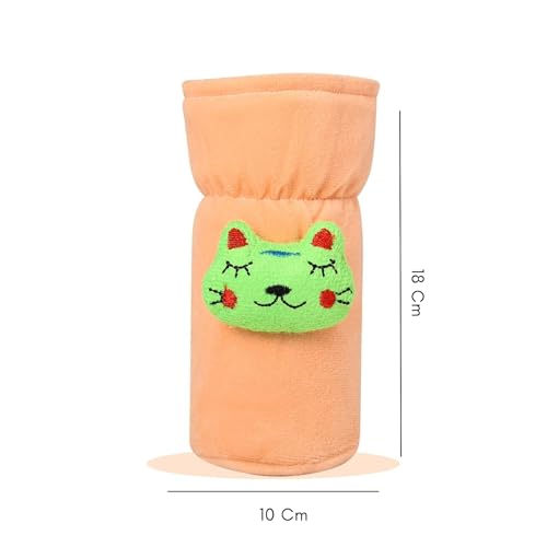 Image of Soft Plush Stretchable Baby Feeding Bottle Cover Easy to Hold Strap with Cute Animated Cartoon| Suitable for 60-125 Ml Feeding Bottle (Peach-Cream)