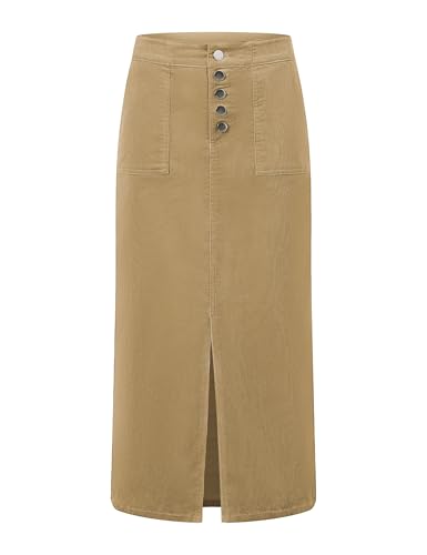 luvamia Corduroy Skirts for Women Midi Length High Waisted Button Fly Fall Casual Elastic Waist Long Skirt with Slit
