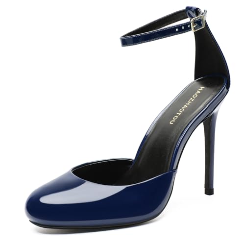 Unisex Men's Women's Round Toe High Heels Stiletto Patent Leather Heels Ankle Strap Pumps Elegant Dress Party Shoes