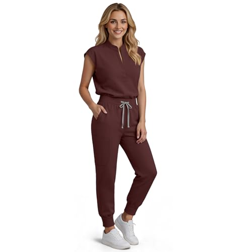Reinwaete Scrubs for Women Set, Medical Women Scrubs Stand-Up Collar Scrub Top & Jogger Scrub Pants with 8 Pockets,Durable & Comfortable Nurse Uniforms Set[Brown,M]