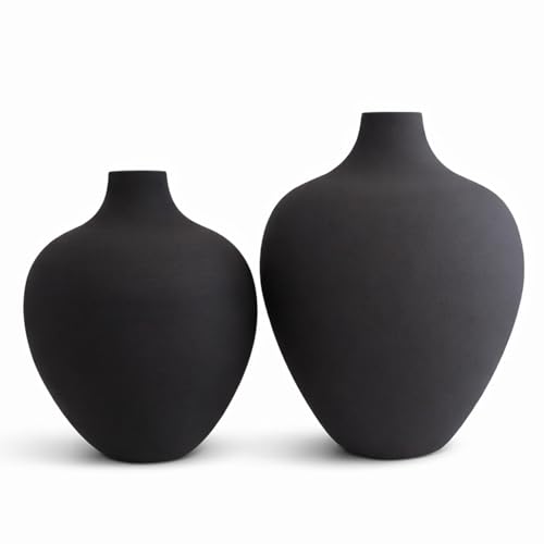 Jarrones Decorativos Modernos cerámica Negro Mate Set 2 Piezas 35 30 cm esférico Artesanal florero Minimalista diseño escandinavo Centro Mesa salón Elegante decoración hogar