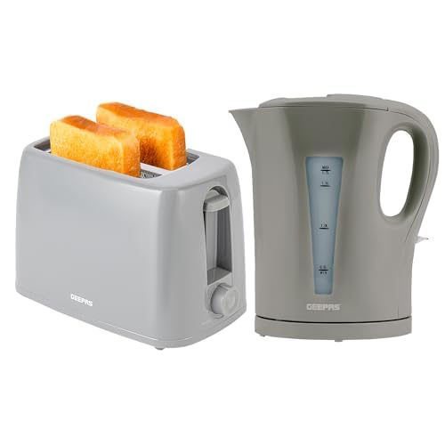 Geepas Electric Kettle & 2 Slice Bread Toaster Kitchen Combo Set | 2200W 1.7L Cordless Jug Kettle Boil Dry Protection & Auto Shut Off | 650W 6 Level with Browning Control & Crumb Tray | Grey