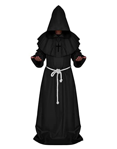 VIVICOLOR Fraile Medieval con Capucha Monje renacentista túnica de Sacerdote Collar Cruzado y cinturón Halloween Carnaval Disfraz Cosplay Cover