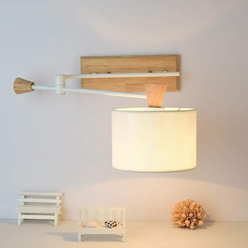 Lámpara de Pared de Metal con balancín, Moderna, Minimalista, con Pantalla de Tela y Base Cuadrada, Ideal para Sala de Estar, Estudio, Dormitorio, con Soporte de balancín, E27 (Madera).