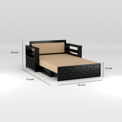 Image of Solid Sheesham Wood Sofa Cums Bed with Mattress & Storage | Rosewood Convertible Sofa Bed for Living Room & Bedroom (E-Walnut, 2 Seater)