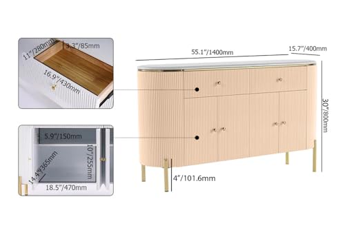 Image of Modern Console Table, 55 x 15 x 30 inch, White Ribbed Design, Marble Top, Gold Accents, 4-Door Storage Cabinet, Waterproof Plywood, PVD-Coated Legs, Elegant Entryway (Ivery)