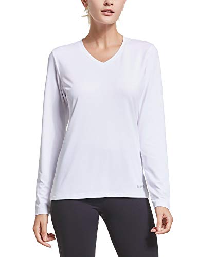 BALEAF Women's V Neck Long Sleeve Cool Lounge T-Shirt Active Running Hiking Sports Tops Dry Fit White M