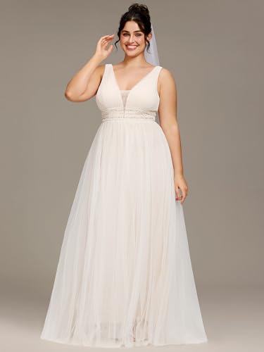 Image of Ever-Pretty Plus Women's V Neck Sleeveless A Line Pleated Tulle Floor Length Bridal Dresses Ivory US14