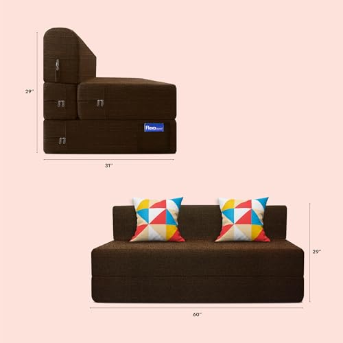 Image of Starlon 3 Seater Sofa Cum Bed Foldable 3-in-1 Sofa Bed with 1 Year Warranty, Washable Jute Fabric Cover & 2 Geometrical Pillows | Guest Bed | Coffee Brown 5x6.25 Ft