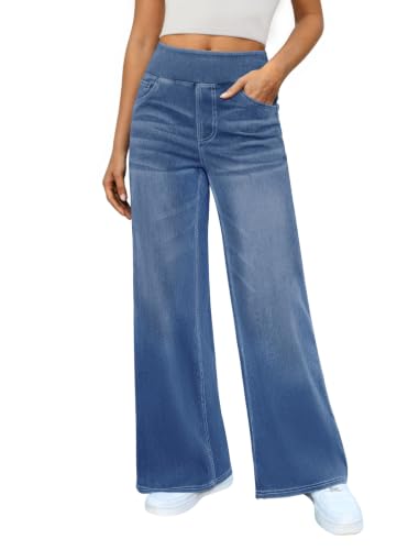 DLOODA Women's Wide Leg Jeans High Waisted Stretchy Denim Pants Elastic Waist Pull On Sweatpant Jeans Trendy Baggy Loose Medium Blue