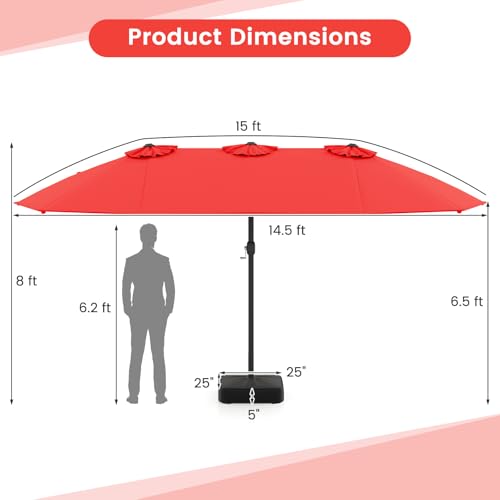 Image of Tangkula 15FT Double-Sided Patio Umbrella with Base, Extra-Large Market Umbrella W /Crank System, Outdoor Twin Umbrella W / 12-Rib Metal Structure & Air Vents for Garden, Backyard, Poolside