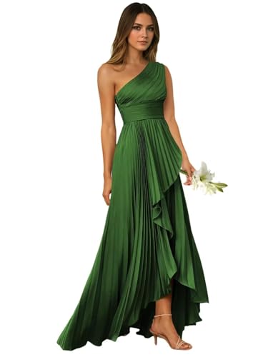 humoral Emerald Green Satin Prom Dresses for Women One Shoulder Bridesmaid Dresses Pleated Women’s Silk Evening Gown Size10