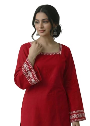 Image of MAHIRA'S Comfort Women's Short Kurti, Rayon Tunic Top with 3 /4 Embroidered Designer Sleeves | Soft Breathable Fabric | Office & Casual Kurti for Jeans, Leggings & Trousers
