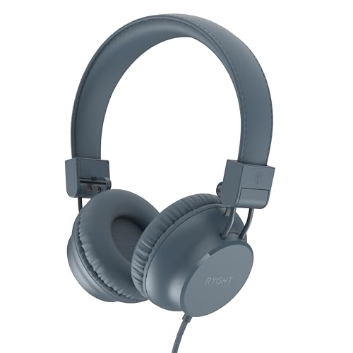 RYGHT – R484314 – NIMA – Casque filaire – Son stéréo clair et profond – Pliable et léger, microphone intégré, oreillettes rembourrés – Câble de 1,2 mètres – Gris Bleu