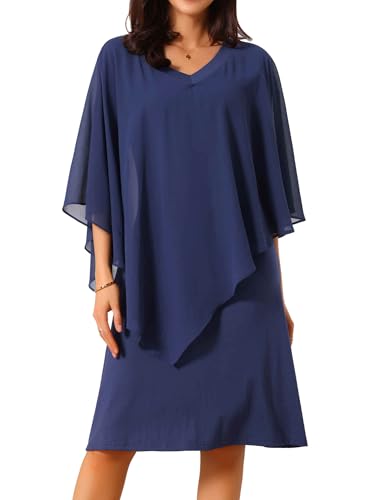 Seta T Damen Chiffon Cape Overlay Bodycon Kleider 3/4 Ärmel V-Ausschnitt Bleistiftkleid Party Hochzeitsgast Outfits Dunkelblau XL