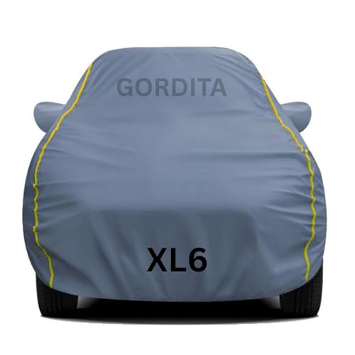 Image of Waterproof Car Body Cover for XL6 All Weather Protection Comes with Inner Cotton Lining & Triple Stitched with Mirror & Antenna Pocket Belt & Elastic Fit Grey with Yellow Piping2
