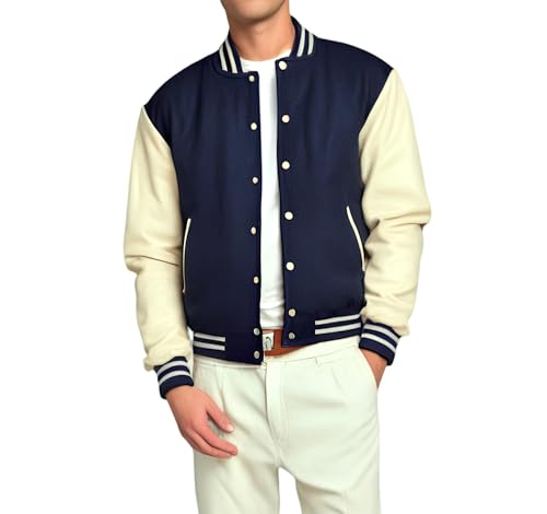 Image of Deckra Men's Varsity Jacket Genuine Leather Sleeve and Wool Blend Letterman Boys College Varsity Jackets XS-5XL