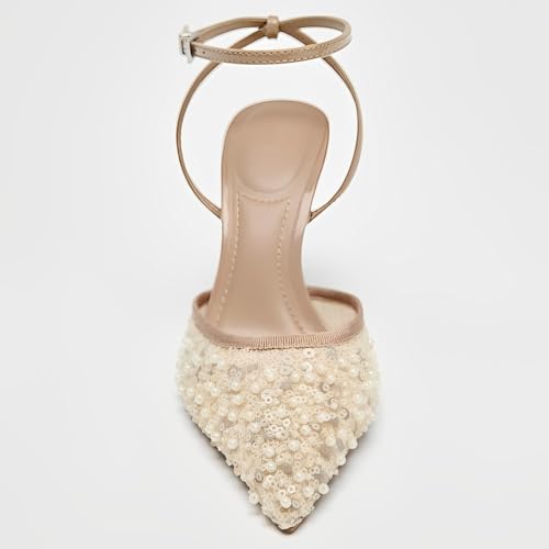 YIYA Women's Nude Sparkly Glitter Pearl Mesh Slingback Kitten Heels Closed Pointed Toe Strappy Ankle Strap Wedding Party Bridal Dress Pumps Shoes3