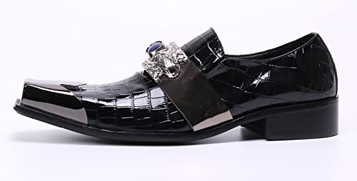 Santimon Mens Dress Loafers Metal-Strapped Genuine Leather Sapphire Decor Hard Square Tip Business Evening Party Wedding Shoes3