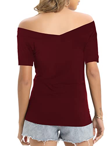 Image of Sarin Mathews Womens Shirts Off The Shoulder Tops Sexy V Neck Slim Fit Shirts Tops Blouses