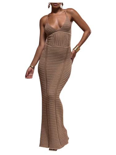 GORGLITTER Women's Crochet Knit Maxi Dress Lace Up...