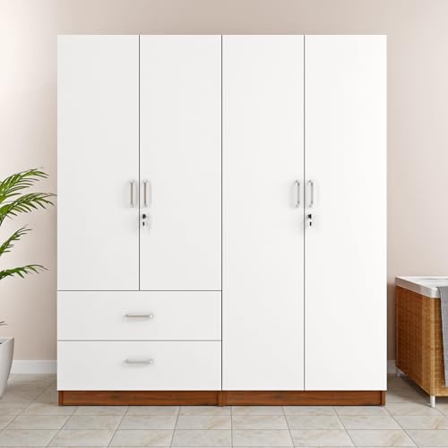 Image of VIKI Wardrobe | Wooden Almirah for 4 Door 2 Drawer with Shelves & 2 Hanging Space Wardrobe (Walnut |White - 40D x 160W x 180.8H) | 1 Year Warranty | Free Assembly