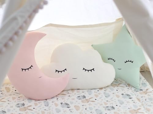 Image of SARO Cute Cloud Moon Star Pillow with Crown, Kids Cushion, Soft Toy, Soft Plush Pillow, cot, Nursery decor, Baby (Pack of 3, 16x16 inch, Velvet) | (Set 3 Moon Cloud Star Multi)