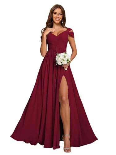 Image of vintys Women's Off Shoulder Ruched Bridesmaid Dresses Long with Pockets Slit Chiffon Formal Evening Dress VS180