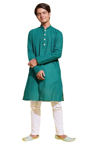Image of VASTRAMAY boys VASTRAMAY YUVA Boys' Teal Green and White Pure Cotton Kurta Pyjama Set