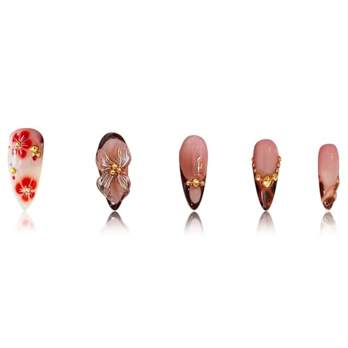 Image of Flower Press on Nails French Tip Fake Nails Leopard Print Glue on Nails with Gold Design Medium Almond False Nail Glossy Full Cover Brown Stick on Nail for Women Girls Manicure 24Pcs