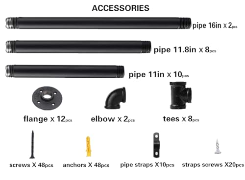 Industrial Wall Mount Iron Pipe Shelf Shelves Shelving Bracket Black Vintage Retro Ceiling Hung Shelf DIY Open Bookshelf Storage for offcie Room Kitchen (2PcsX5Tier,68" Tall,10" deep,Hardware Only)