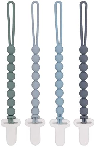 4-Pack Silicone Pacifier Clips with One-Piece Beads for Baby Boys and Girls - Flexible and Rust-Free Holders for Teething Relief and Baby Essentials, Safe for Newborns (Grey)
