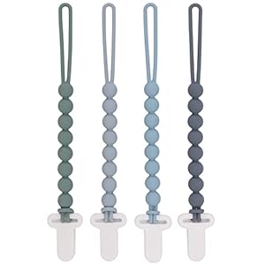4-Pack Silicone Pacifier Clips with One-Piece Beads for Baby Boys and Girls – Flexible and Rust-Free Holders for Teething Relief and Baby Essentials, Safe for Newborns (Grey)