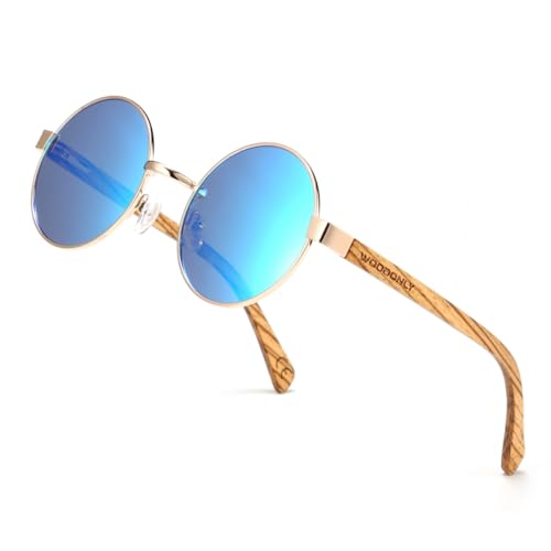 WOODONLY Holz Runde Polarisierte Sonnenbrille - Mode Metallrahmen Sonnenbrille für Herren und Damen Perfekte Geschenke (Blau)