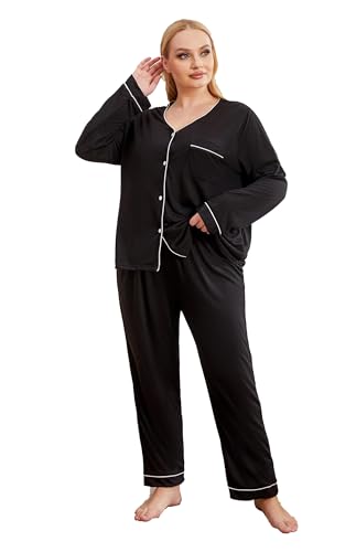 Pyjama lounge grande taille ensemble de nuit noir fluide col V manches longues