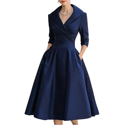 Generisch Abendkleider Elegant für Hochzeit Rockabilly Kleid Damen V-Ausschnitt Midi Festliche Kleider für Hochzeit Vintage Cocktailkleid Langarm...