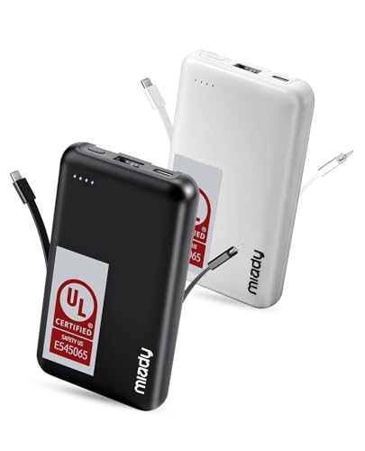 Miady 2-Pack Small Portable Charger UL Listed, 5000mAh Slim Power Bank Built-in 2 Cables Lightweight Travel Battery Pack 3 Outputs 2 Inputs Compatible with iPhone 17/16/15/14/13 Galaxy S24/S22 etc